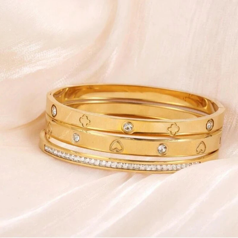 Love Four-leaf Clover Imprinted Zircon Bracelet Set Women's High Quality 18K-gold-plated Not Fading Bracelet Waterproof Jewelry