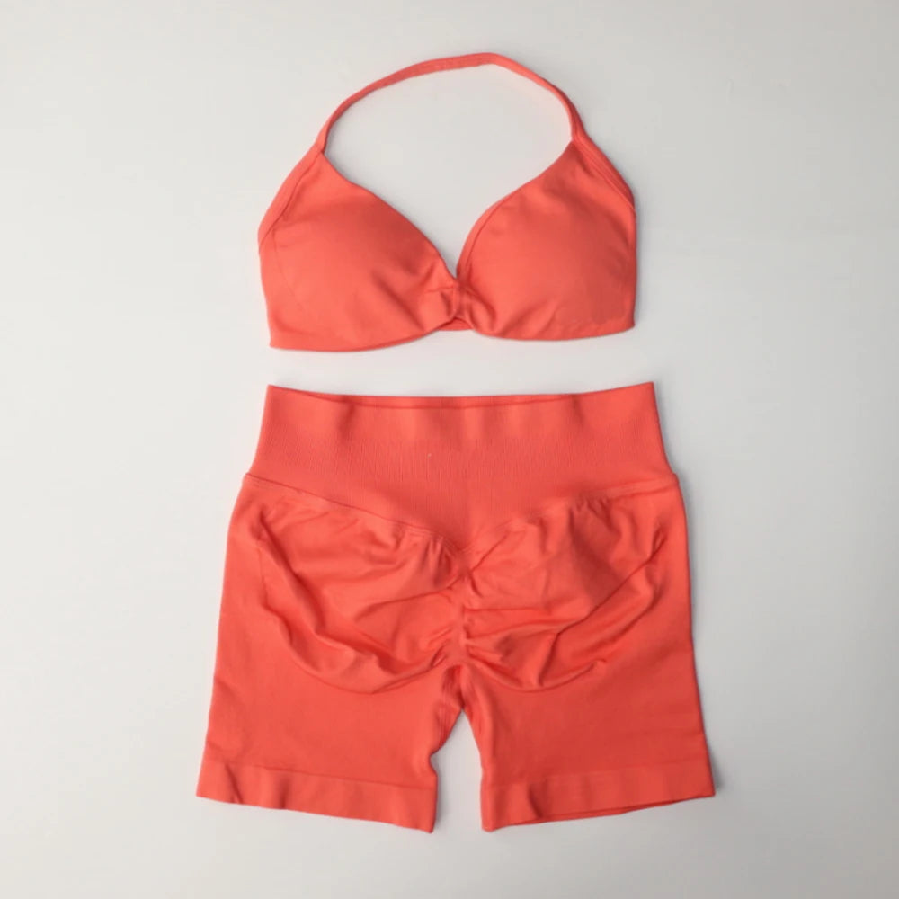 Impact Gym Set 2 Piece Women Strappy Yoga Bra Top Workout Scrunch Shorts Sports Suit Fitness Clothes