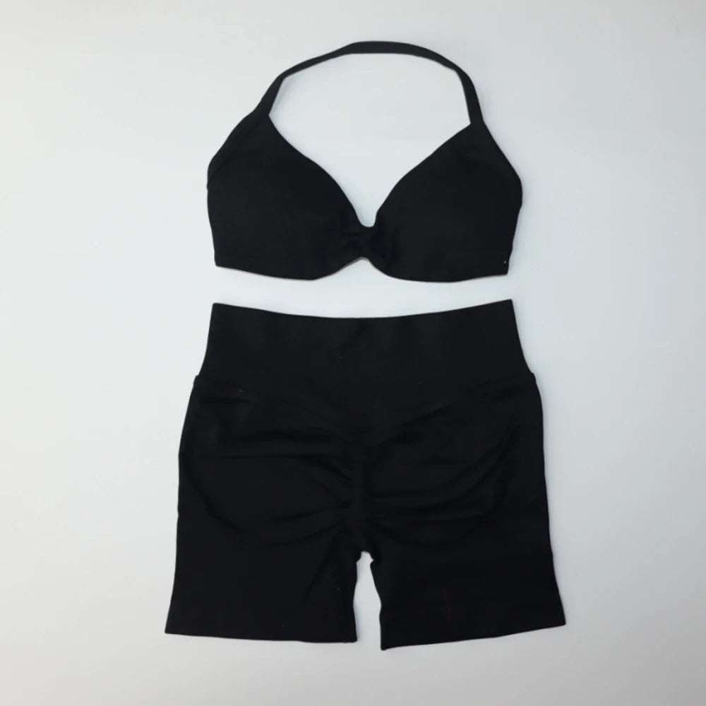 Impact Gym Set 2 Piece Women Strappy Yoga Bra Top Workout Scrunch Shorts Sports Suit Fitness Clothes