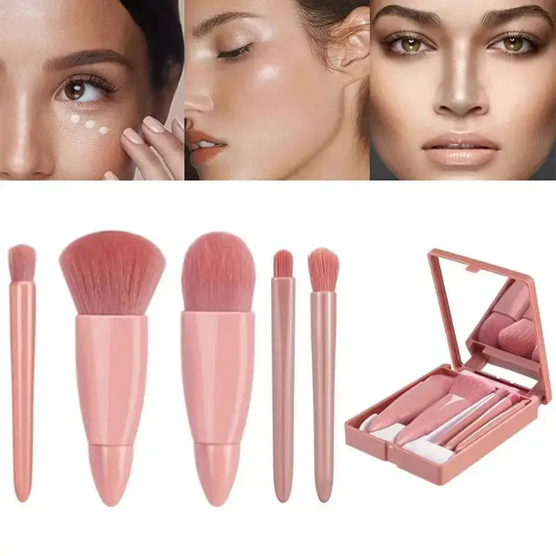 5pcs Mini Travel Makeup Brush Set with Case & Mirror – Compact & Complete