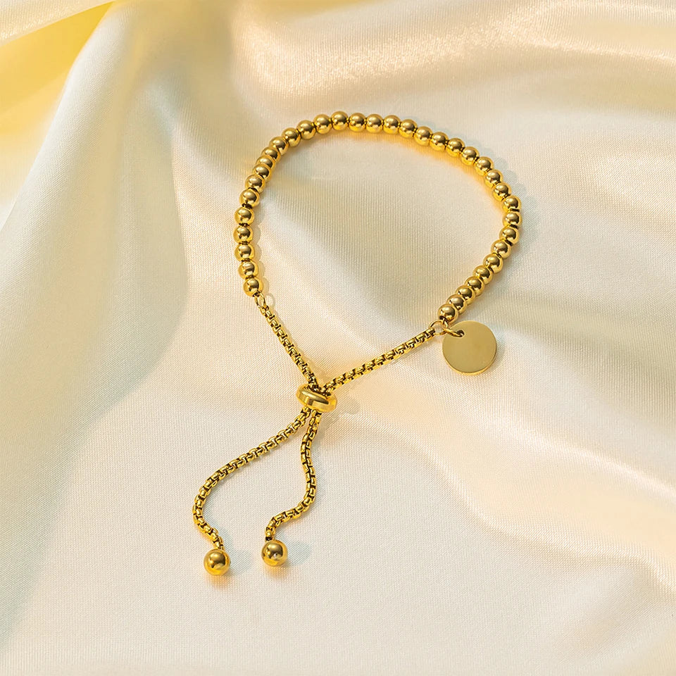 Stainless Steel Golden Bead Bracelet for Women Fashion Adjustable Chain Bracelets Daily Party Jewelry