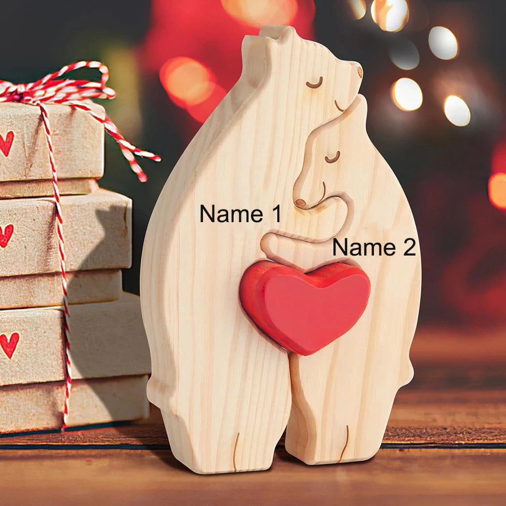 Personalized Custom Bear Family Wooden Puzzle DIY Free Engraving Name Sculpture Home DeskDecor Figurines Christmas Birthday Gift