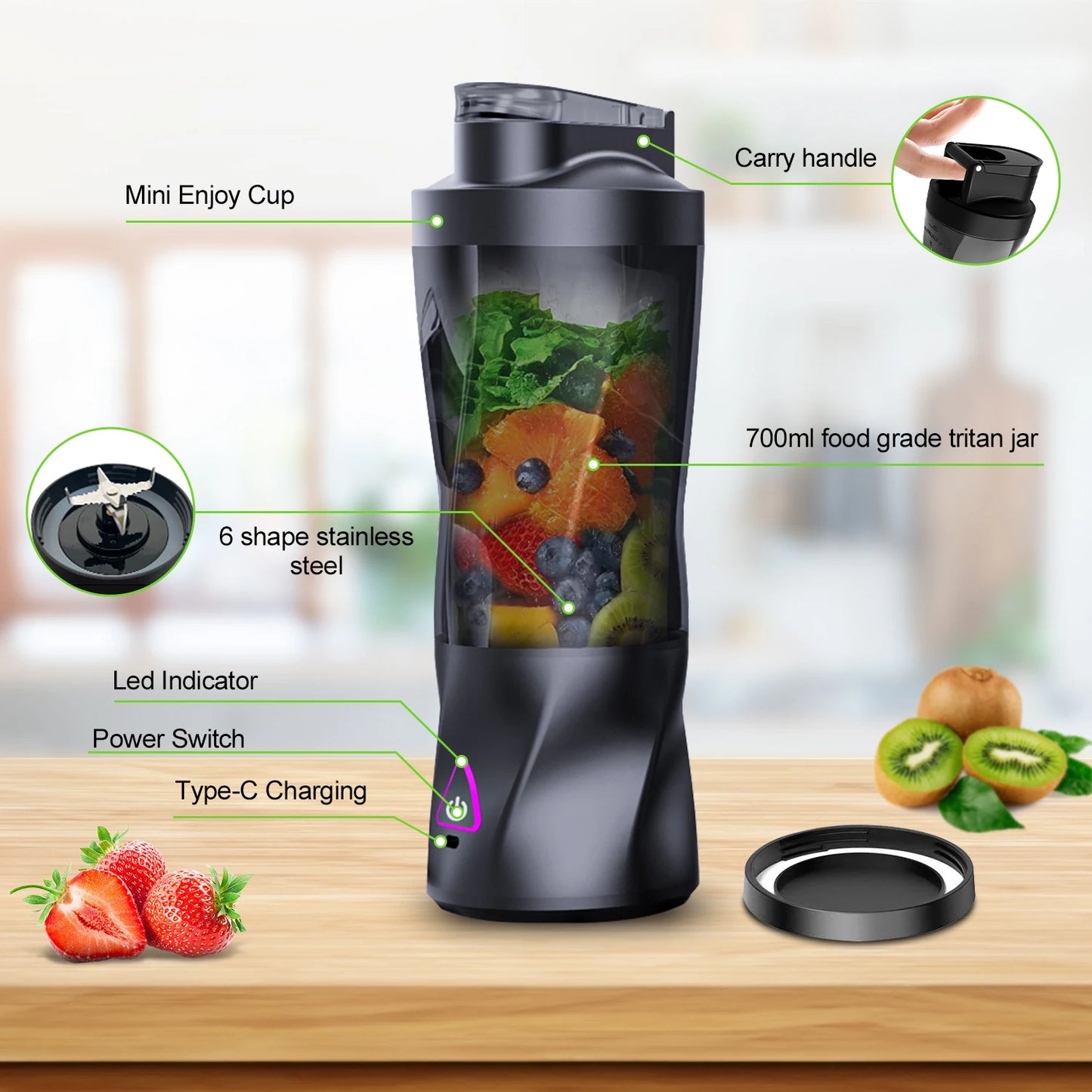 Electric Portable Juicer 700ML – USB Rechargeable Smoothie Blender for Fruits, Shakes & Outdoor Use