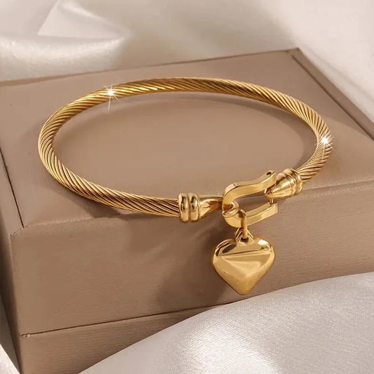18k Gold Color Stainless Steel Heart Pendant Charm Bangle Bracelet