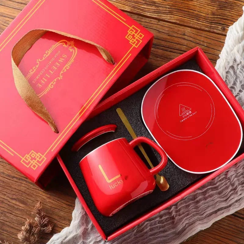 USB Recharge Warm Soup Cups Coffee Mug with Lid and Gift Box Storage Bag Set Ceramics Cup with Stainless Steel Spoon Coffee Cups