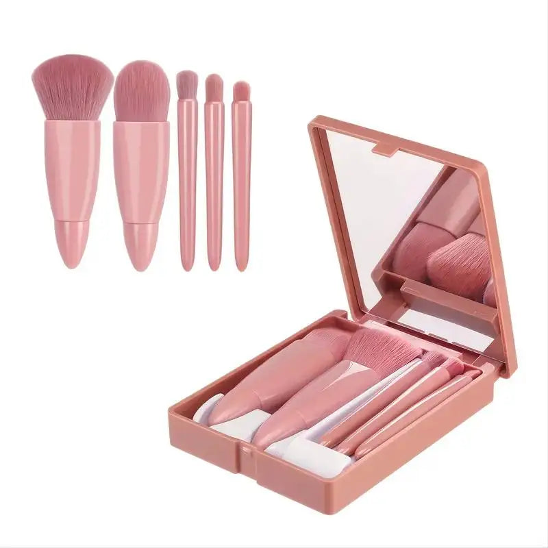 5pcs Mini Travel Makeup Brush Set with Case & Mirror – Compact & Complete