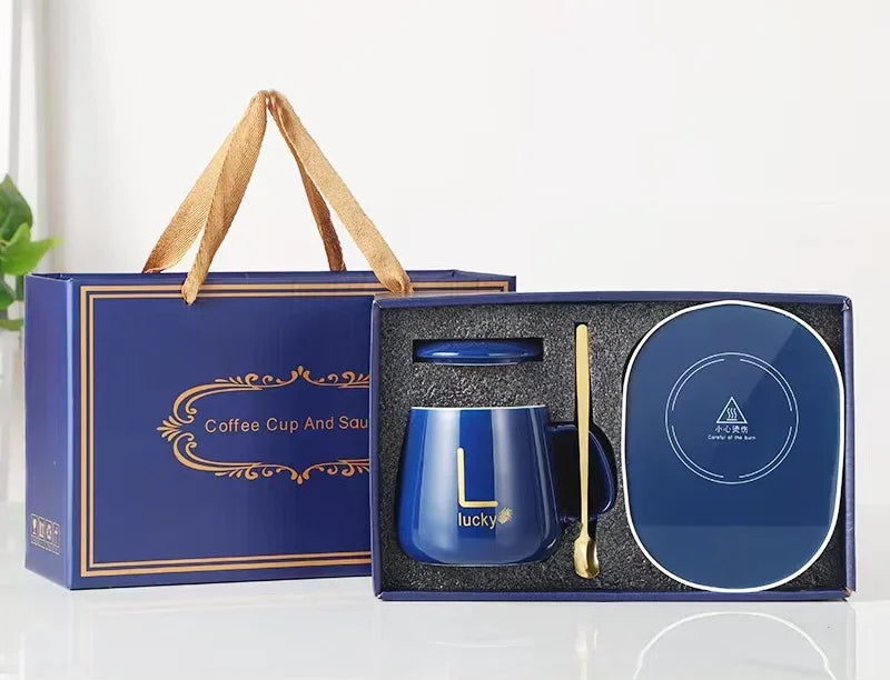 USB Recharge Warm Soup Cups Coffee Mug with Lid and Gift Box Storage Bag Set Ceramics Cup with Stainless Steel Spoon Coffee Cups