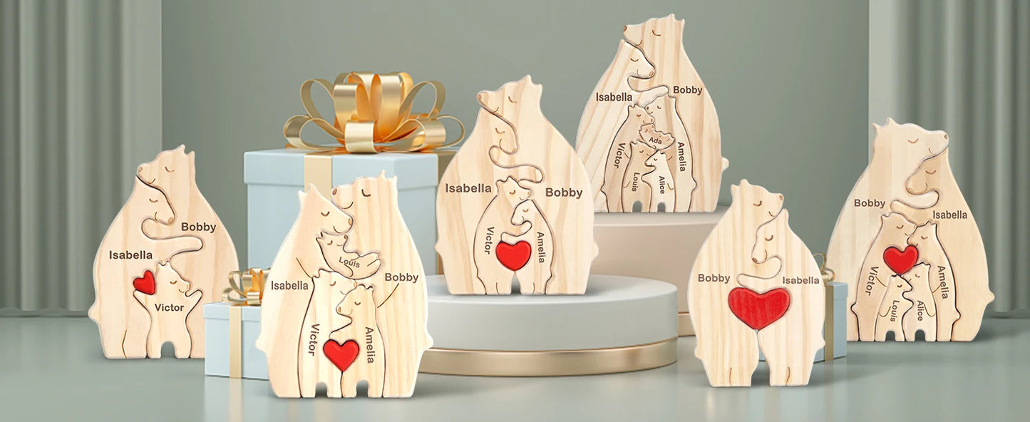 Personalized Custom Bear Family Wooden Puzzle DIY Free Engraving Name Sculpture Home DeskDecor Figurines Christmas Birthday Gift