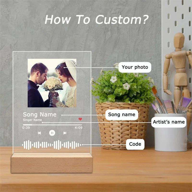 Custom Spotify Plaques with LED Light Scannable Code Photo Acrylic Music Song Album Plaques Night Light Gifts for Couples Lover