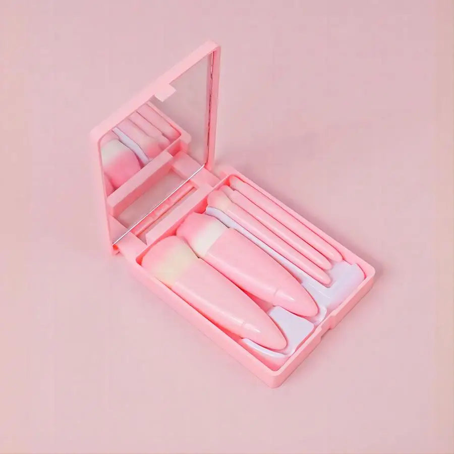 5pcs Mini Travel Makeup Brush Set with Case & Mirror – Compact & Complete