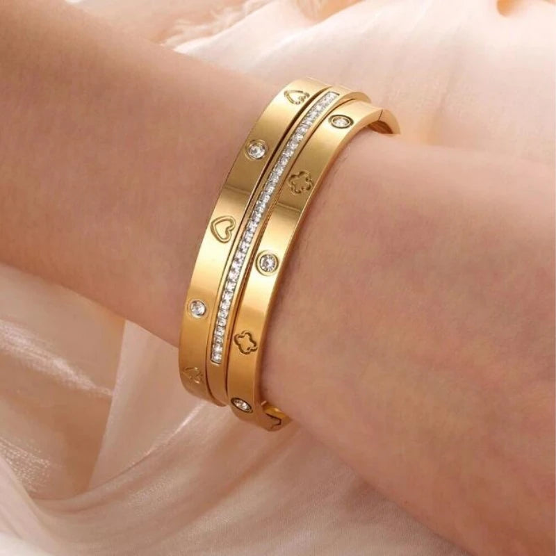 Love Four-leaf Clover Imprinted Zircon Bracelet Set Women's High Quality 18K-gold-plated Not Fading Bracelet Waterproof Jewelry