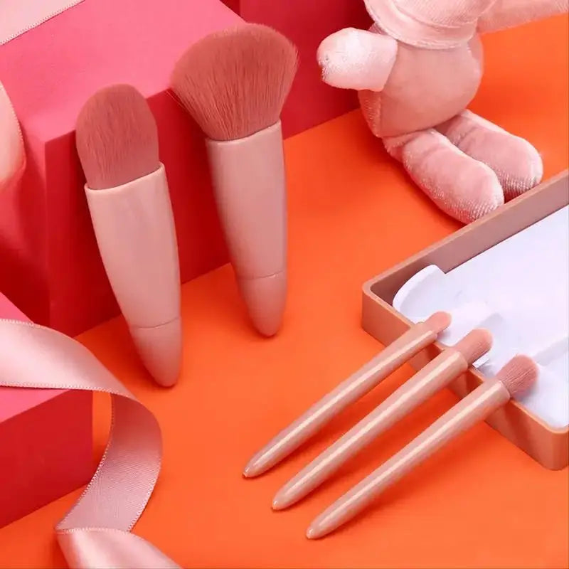 5pcs Mini Travel Makeup Brush Set with Case & Mirror – Compact & Complete