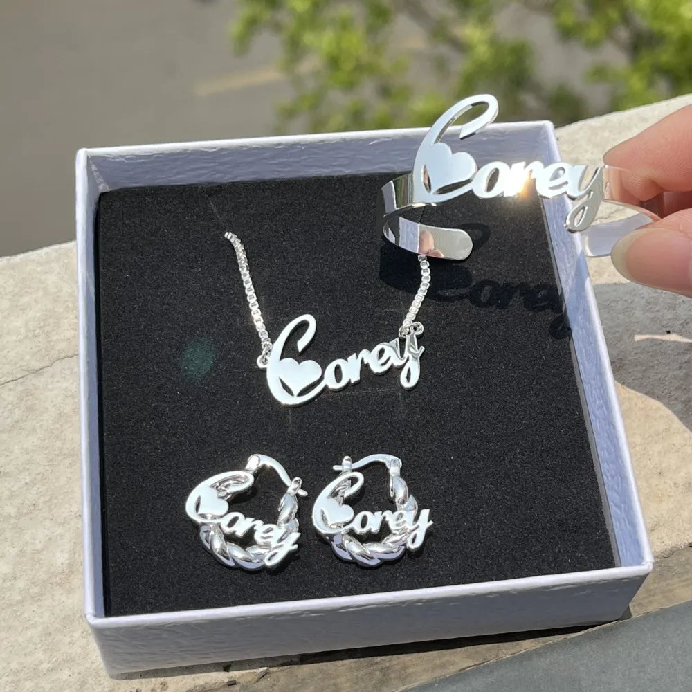 Jewelry Set Personalized Letter Necklace Customized Name Bangles Stainless Steel Mini Hoop Earrings 18mm