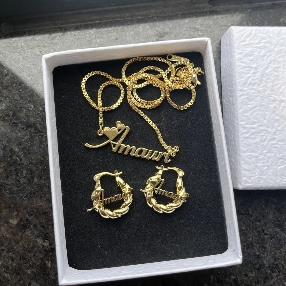 Jewelry Set Personalized Letter Necklace Customized Name Bangles Stainless Steel Mini Hoop Earrings 18mm