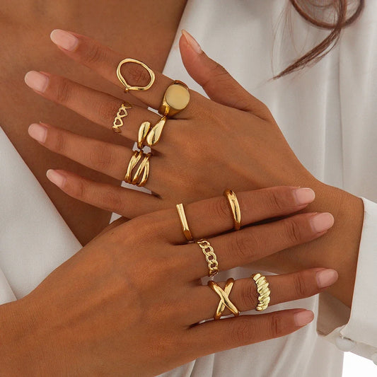 10Pcs/Set l Gold Color Finger Rings Daily Jewelry Gift