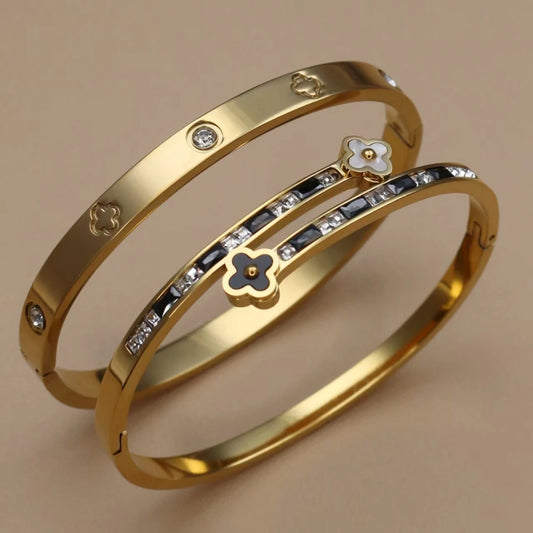 Stainless Steel Bangle Four-leaf Clover Crystal Design Stacking Bracelet Suitable For Women's Jewellery Party