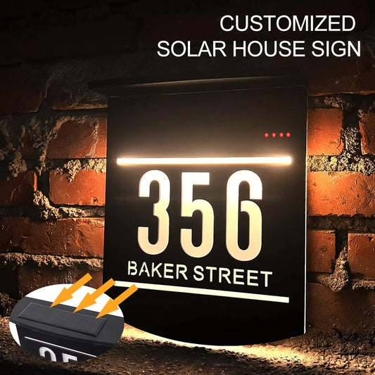Personalized Exterior Solar House Sign Acrylic Plaque Led Customized Address Plaque Outdoor Street Name Solar House Number Sign
