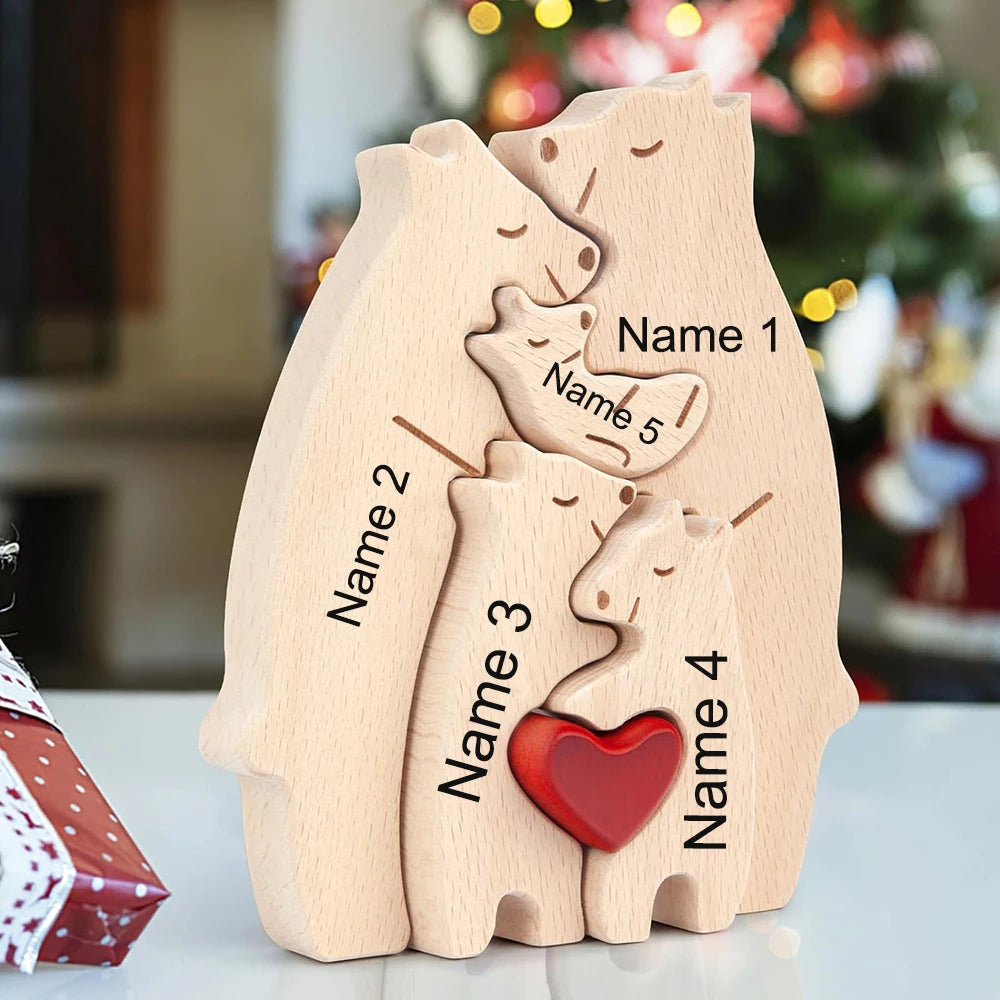 Personalized Custom Bear Family Wooden Puzzle DIY Free Engraving Name Sculpture Home DeskDecor Figurines Christmas Birthday Gift