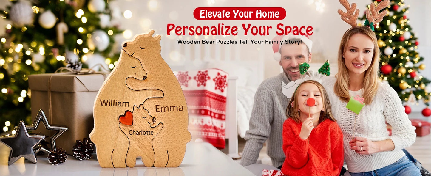 Personalized Custom Bear Family Wooden Puzzle DIY Free Engraving Name Sculpture Home DeskDecor Figurines Christmas Birthday Gift