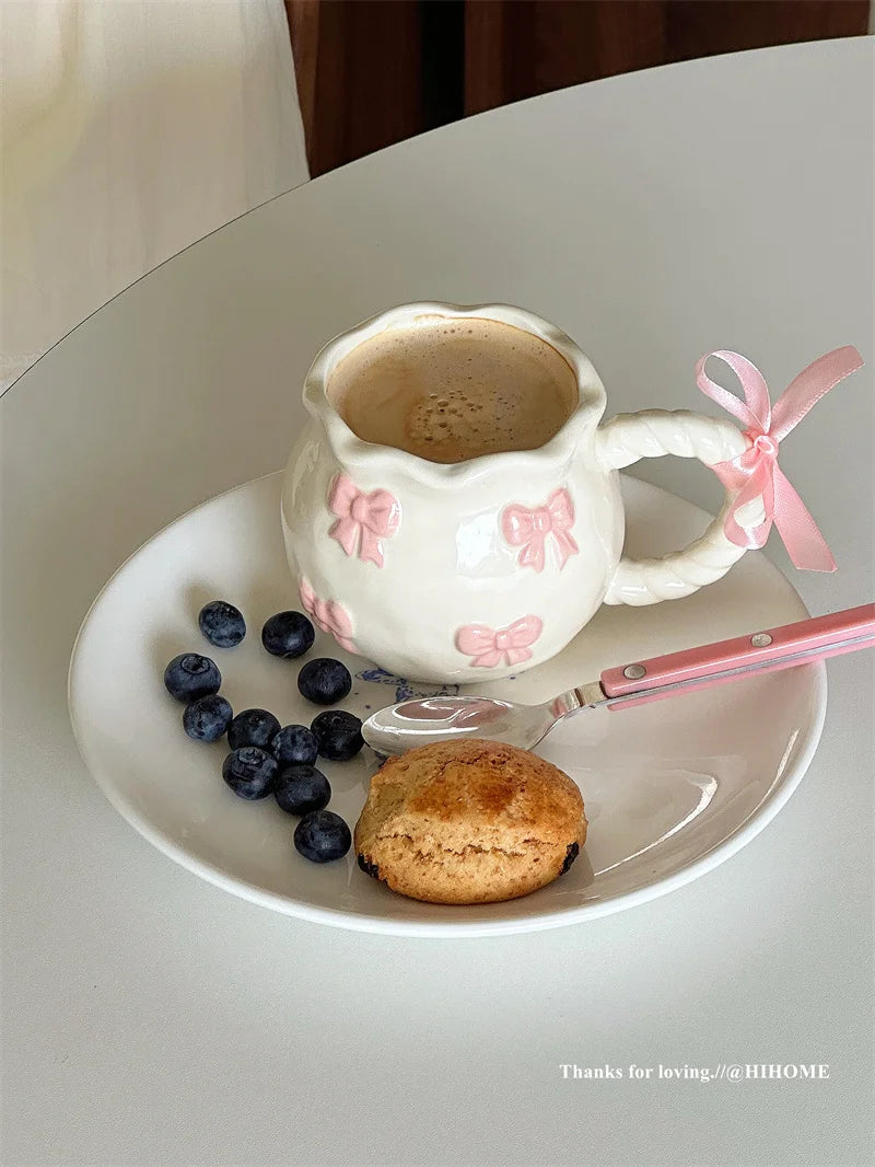 Handmade Irregular Mug, Pink Three-dimensional Bow Coffee Cup, Artistic Niche Mug Gift Ceramic Water Cup