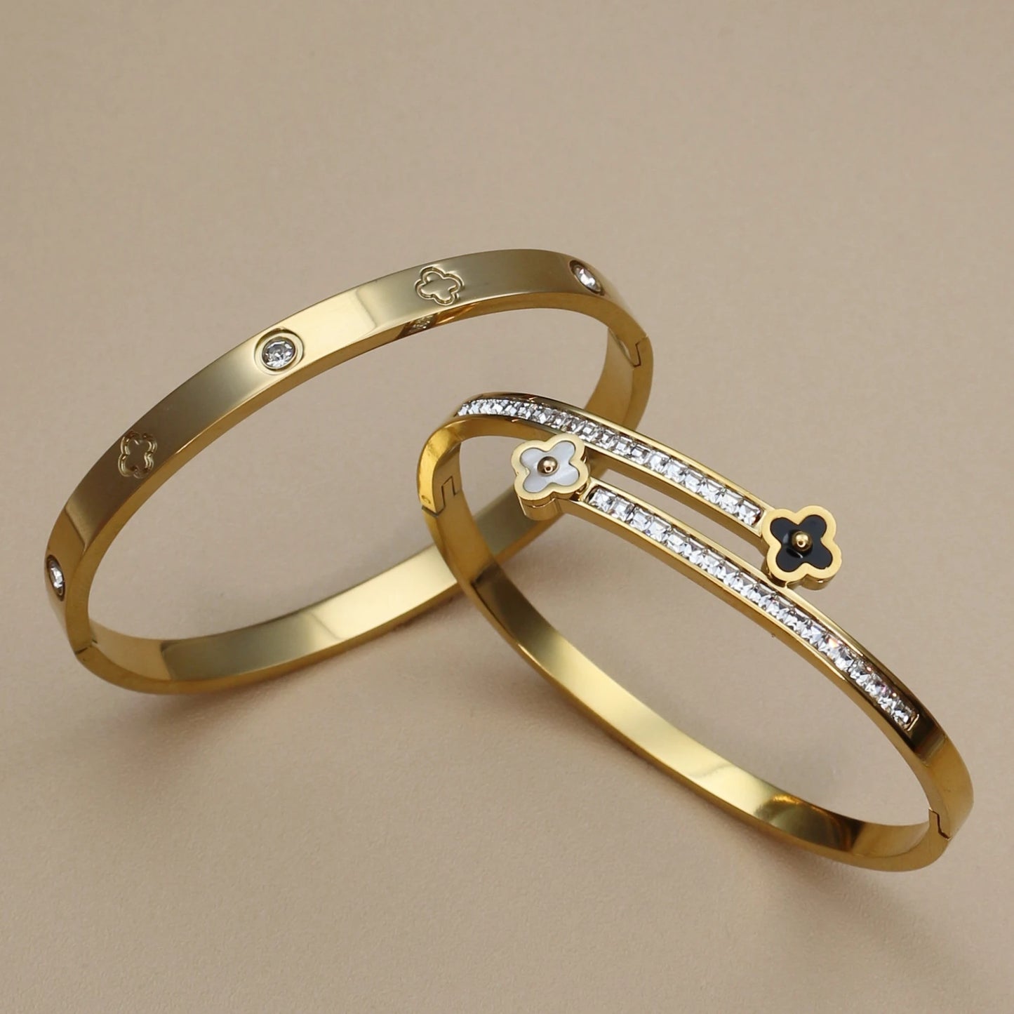Stainless Steel Bangle Four-leaf Clover Crystal Design Stacking Bracelet Suitable For Women's Jewellery Party