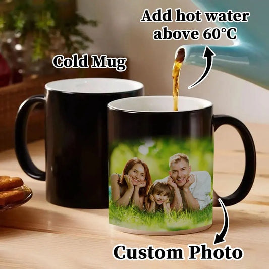 Custom Photo Thermochromic Mug. Use for coffee & water. Personalize with group photos. Ideal gift for loved ones