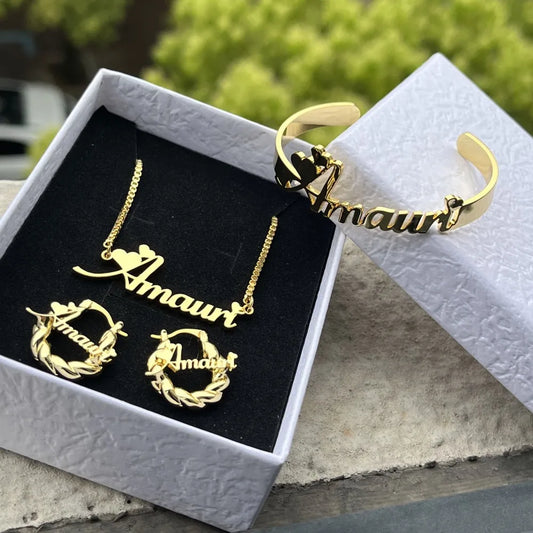 Jewelry Set Personalized Letter Necklace Customized Name Bangles Stainless Steel Mini Hoop Earrings 18mm