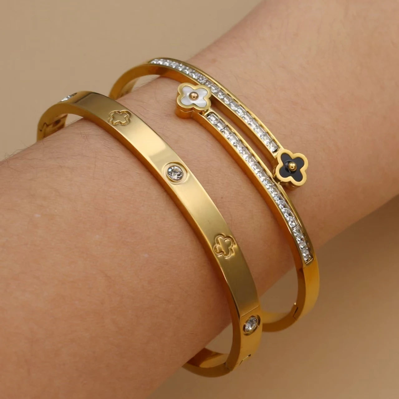 Stainless Steel Bangle Four-leaf Clover Crystal Design Stacking Bracelet Suitable For Women's Jewellery Party