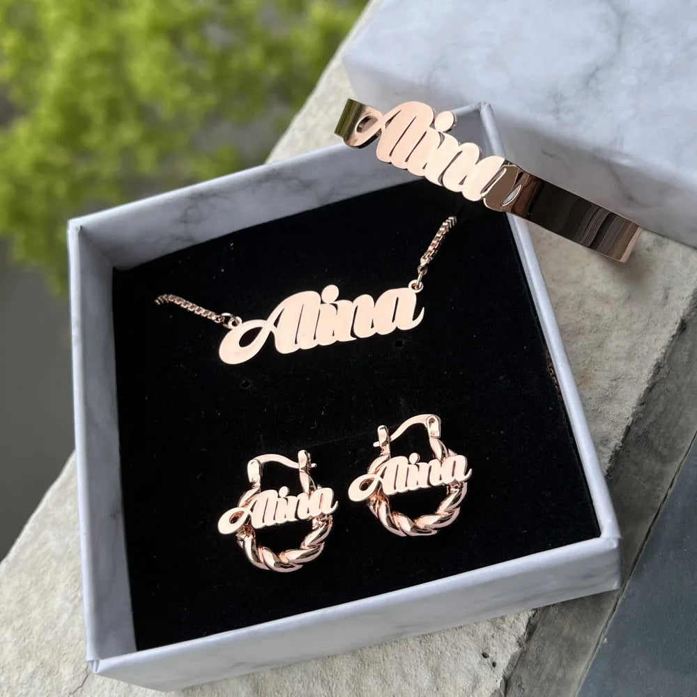 Jewelry Set Personalized Letter Necklace Customized Name Bangles Stainless Steel Mini Hoop Earrings 18mm