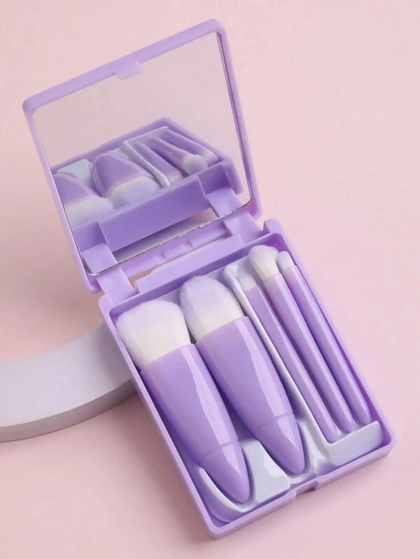 5pcs Mini Travel Makeup Brush Set with Case & Mirror – Compact & Complete