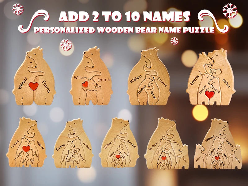 Personalized Custom Bear Family Wooden Puzzle DIY Free Engraving Name Sculpture Home DeskDecor Figurines Christmas Birthday Gift