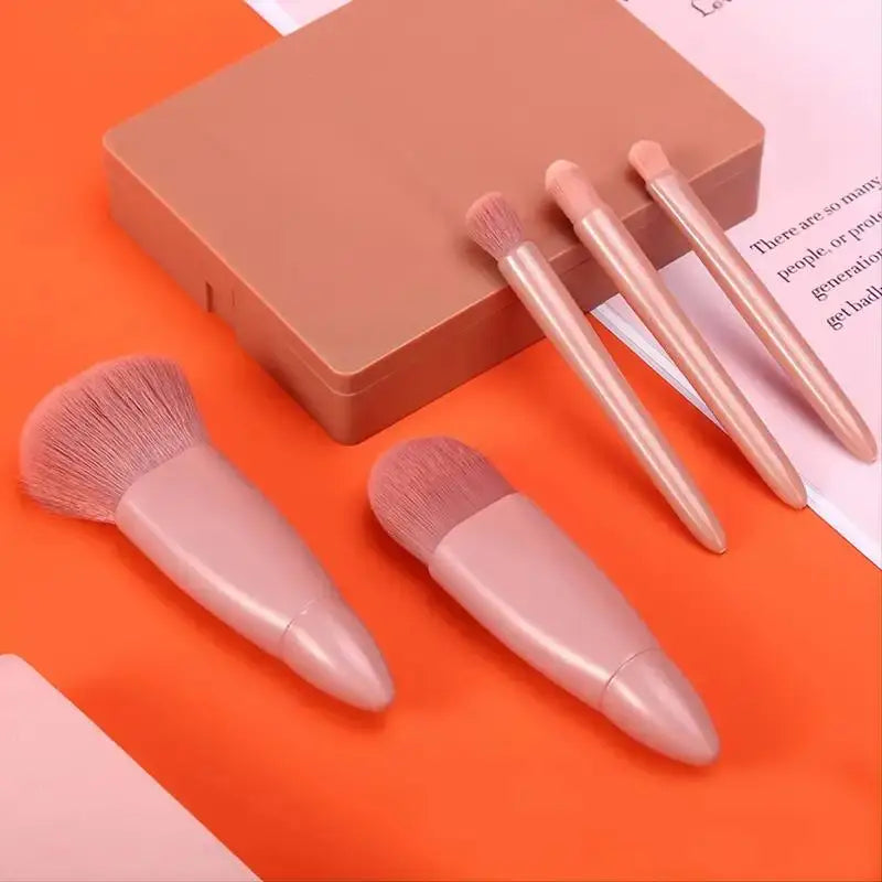 5pcs Mini Travel Makeup Brush Set with Case & Mirror – Compact & Complete