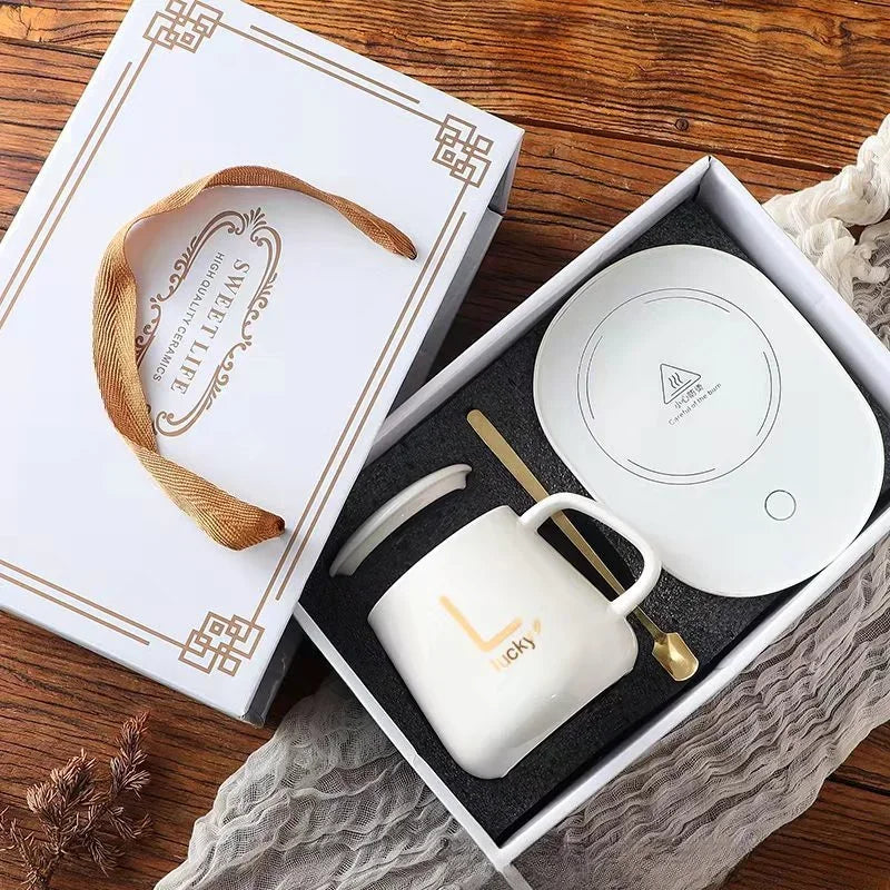 USB Recharge Warm Soup Cups Coffee Mug with Lid and Gift Box Storage Bag Set Ceramics Cup with Stainless Steel Spoon Coffee Cups