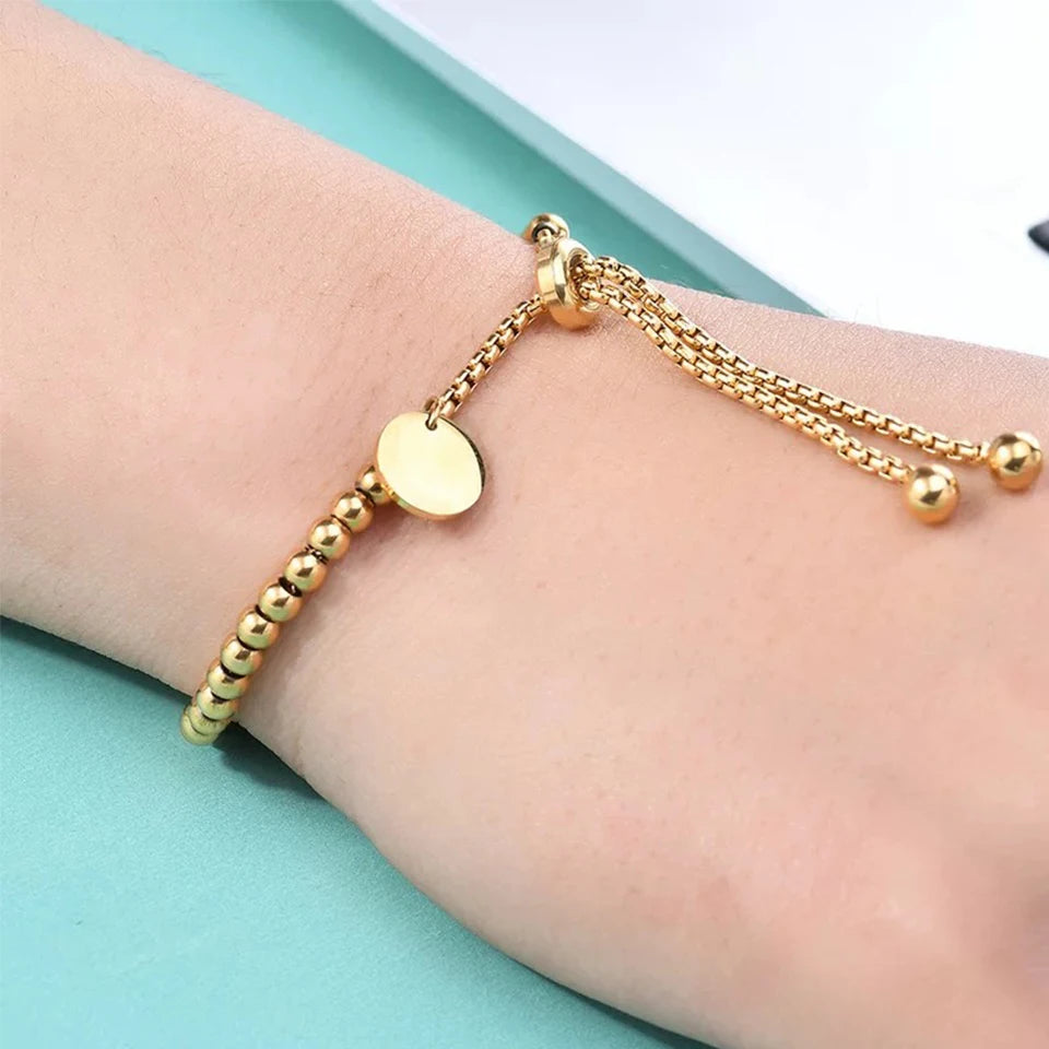 Stainless Steel Golden Bead Bracelet for Women Fashion Adjustable Chain Bracelets Daily Party Jewelry