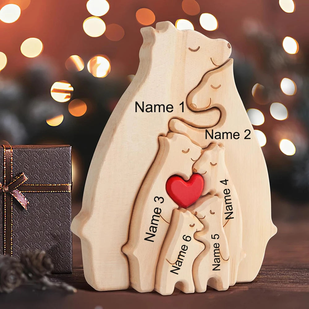 Personalized Custom Bear Family Wooden Puzzle DIY Free Engraving Name Sculpture Home DeskDecor Figurines Christmas Birthday Gift