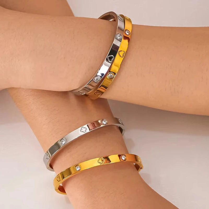 Love Four-leaf Clover Imprinted Zircon Bracelet Set Women's High Quality 18K-gold-plated Not Fading Bracelet Waterproof Jewelry