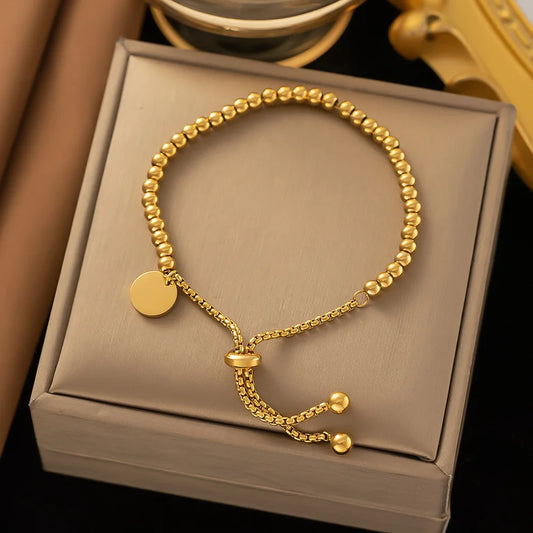 Stainless Steel Golden Bead Bracelet for Women Fashion Adjustable Chain Bracelets Daily Party Jewelry
